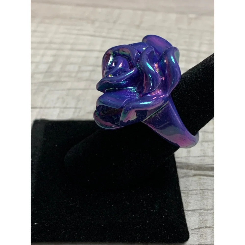 Iridescent Purple Rose Cocktail Ring Oil Slick Floral Statement Size 7 3287